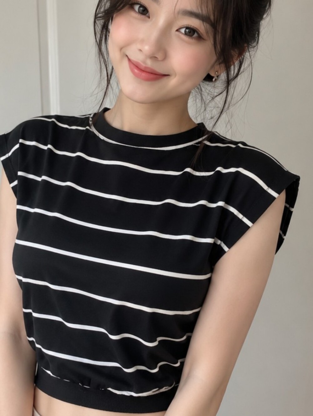 Black & White Striped Women's Cap-Sleeve Top Medium